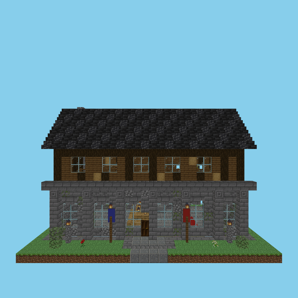 [autoeval guided] stone-and-timber guildhall front view