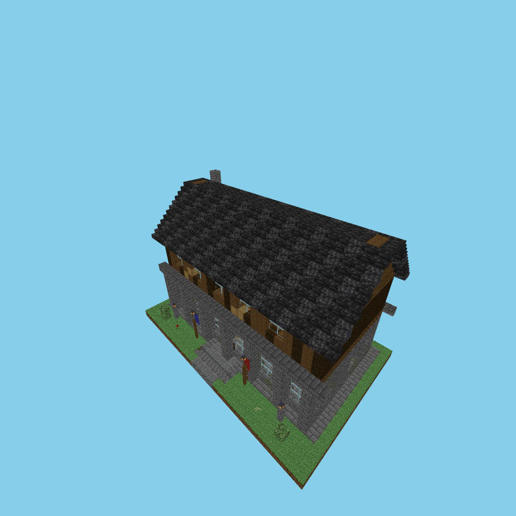 [autoeval guided] stone-and-timber guildhall, isometric render