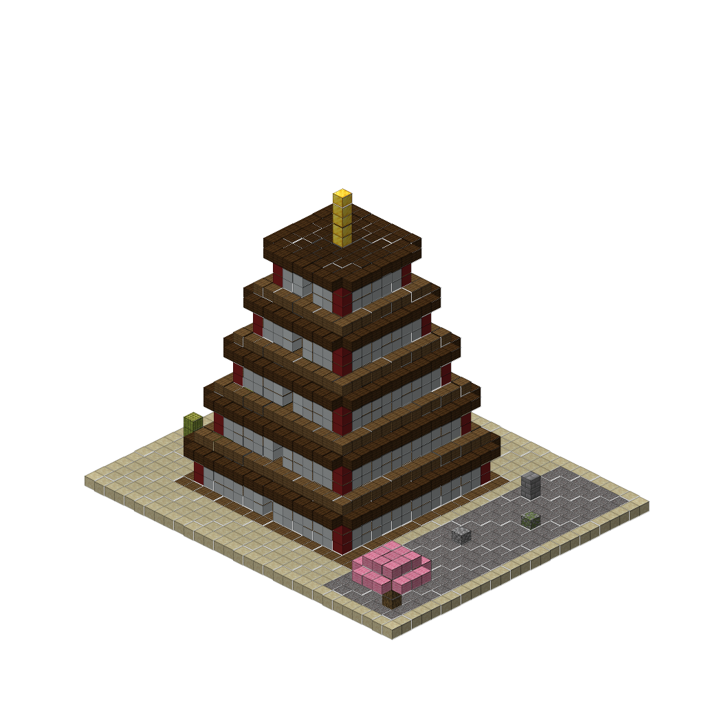 Japanese Pagoda Temple with Zen Garden (Group B), isometric render