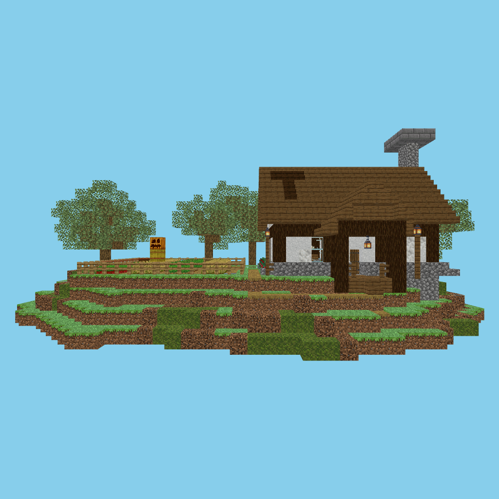 [autoeval-param] Timber-framed cottage with vegetable garden front view