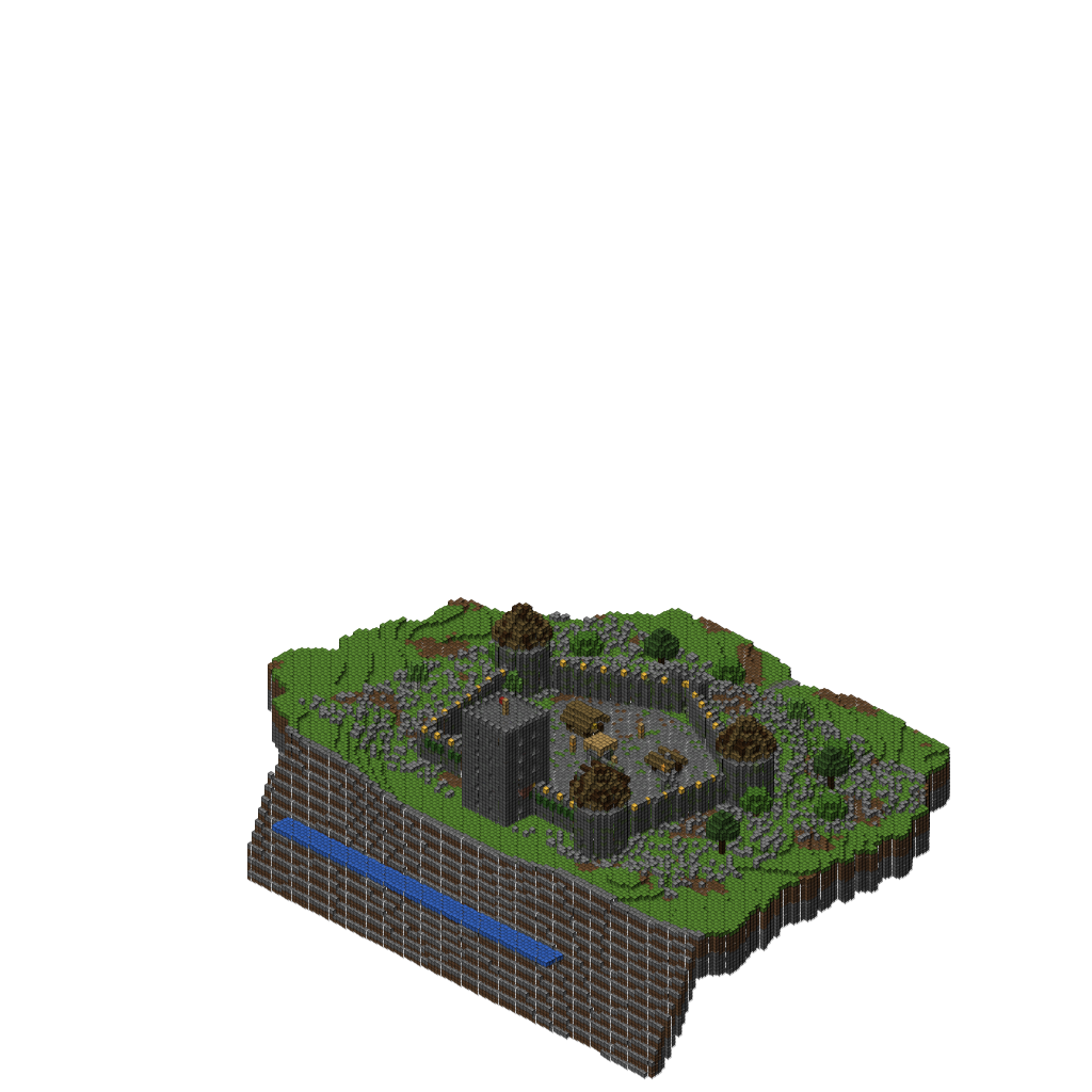 Cliffside Keep — Fortaleza medieval, isometric render