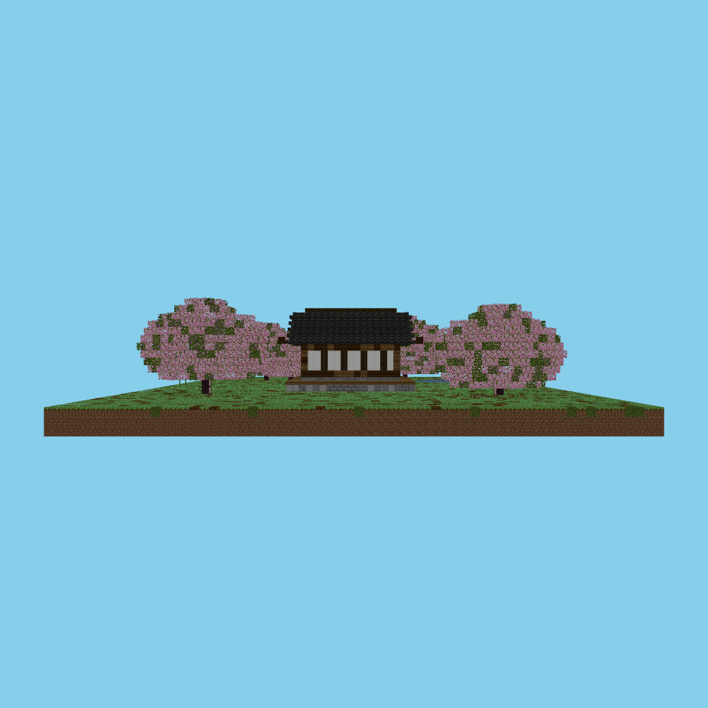 Casa japonesa con jardín de sakuras front view