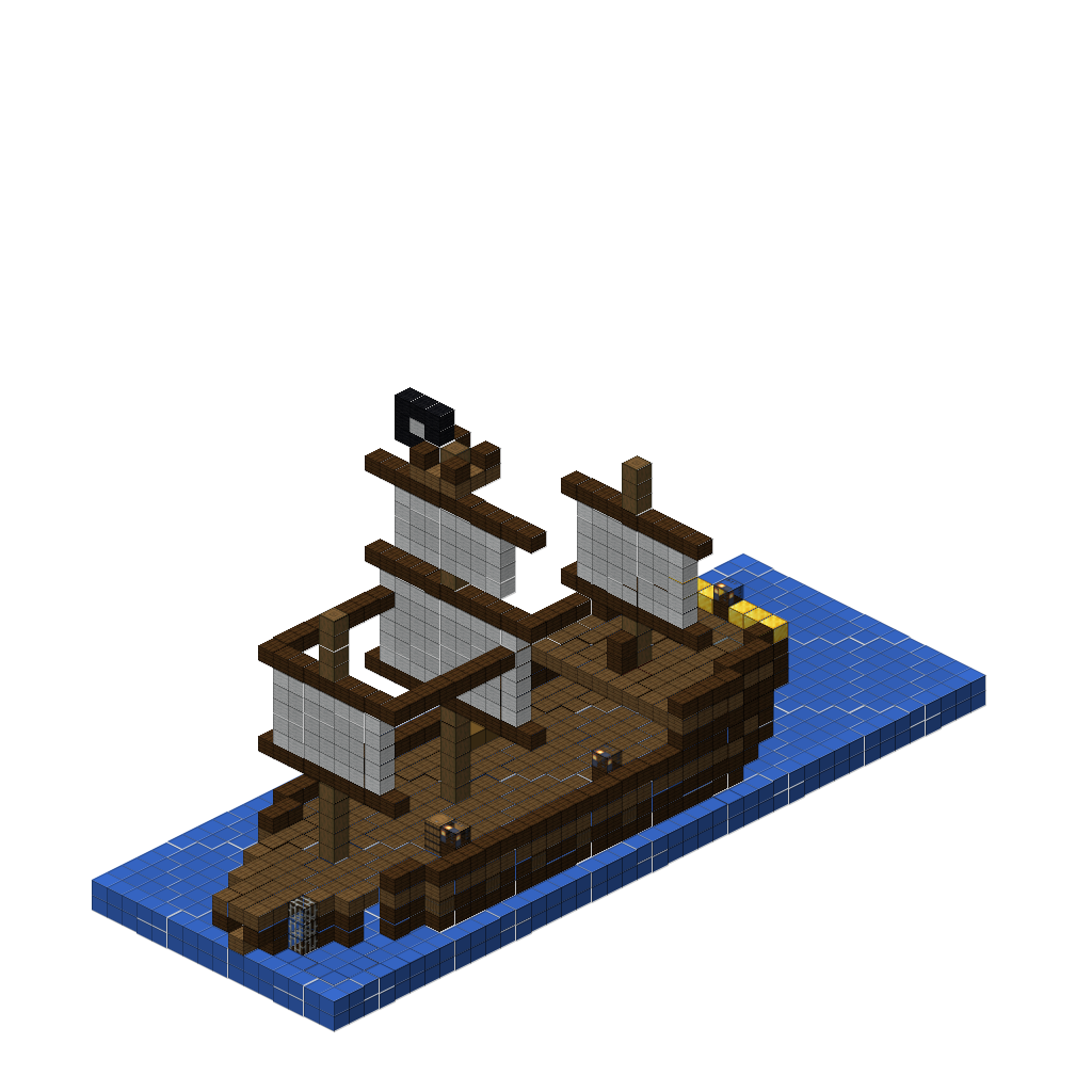 Pirate Ship with Sails on Ocean (MCP Pipeline), isometric render