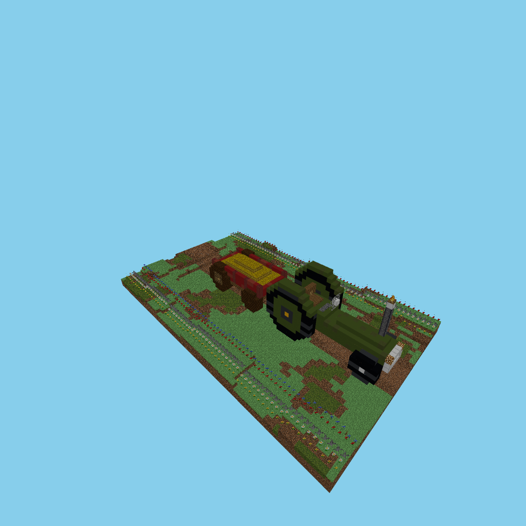 Vintage farm tractor with hay wagon, isometric render