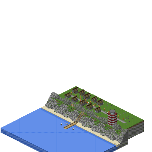 Fishing Village on Cliff Edge, isometric render